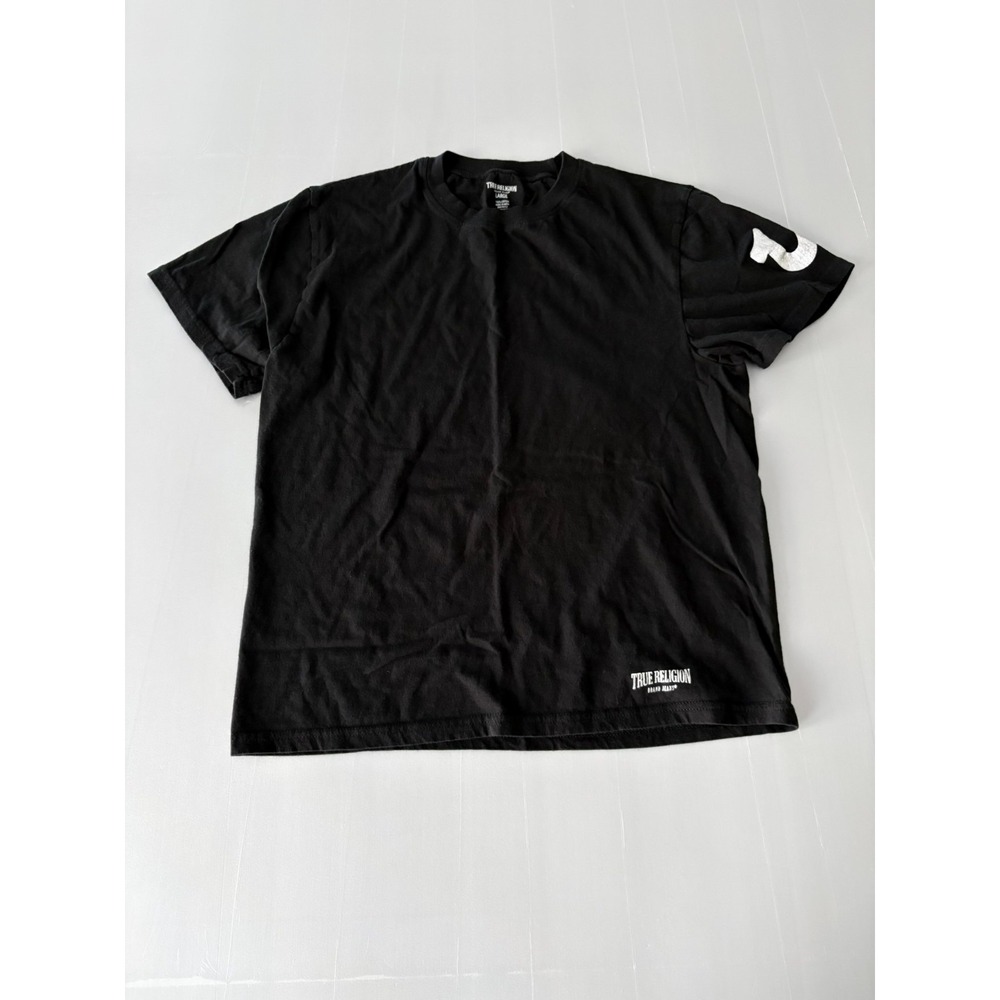 True Religion T Shirt Top Womens Large Black Short Sleeve Silver logo Cotton